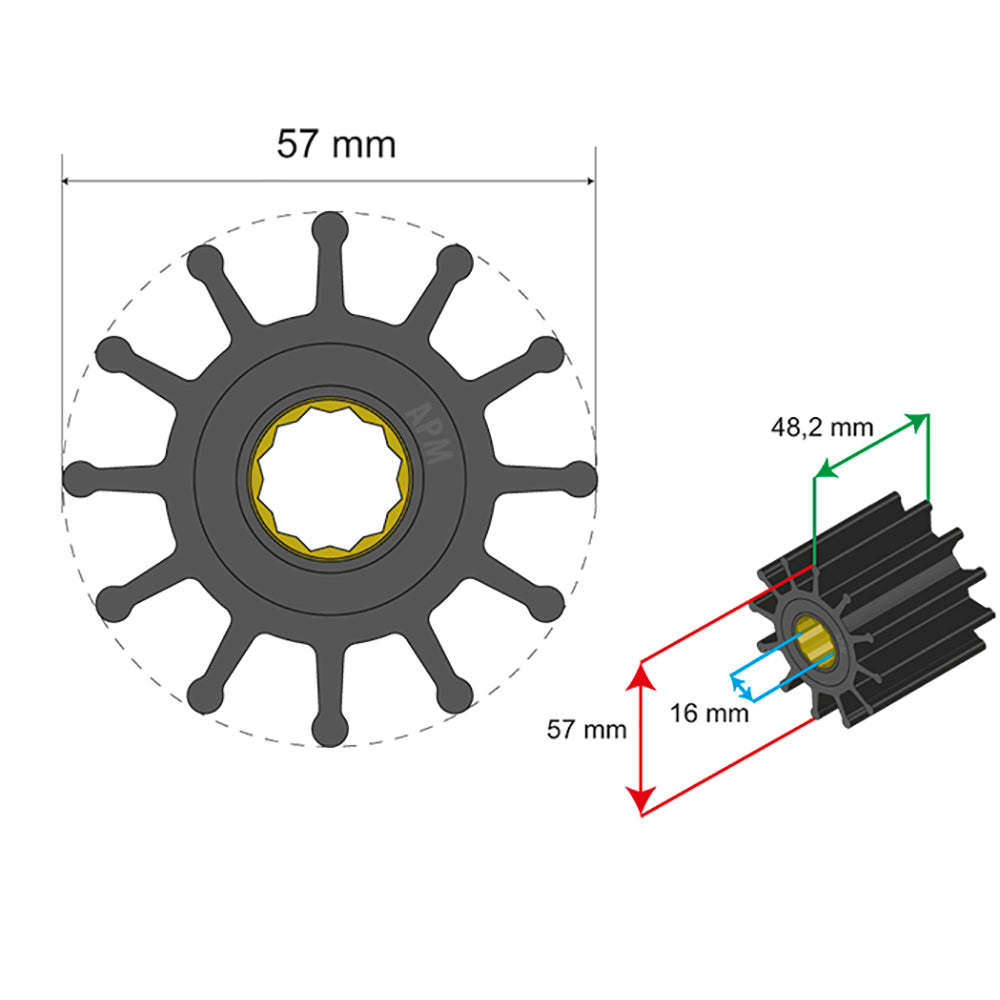 Albin Group Premium Impeller Kit 57 x 16 x 48.2mm - 12 Blade - Spline Insert [06-01-014]